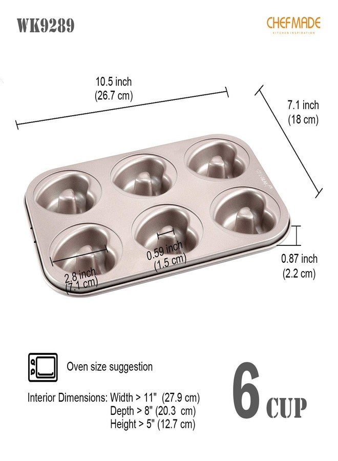 شيف ميد قالب كيك على شكل دونات من CHEFMADE، قالب خبز على شكل دونات بستة تجاويف غير لاصقة على شكل قلب للخبز في الفرن (لون ذهبي شامباني) - Image 2