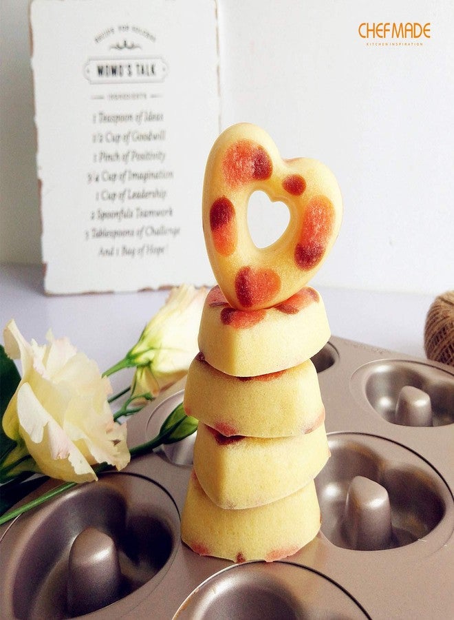شيف ميد قالب كيك على شكل دونات من CHEFMADE، قالب خبز على شكل دونات بستة تجاويف غير لاصقة على شكل قلب للخبز في الفرن (لون ذهبي شامباني) - Image 3