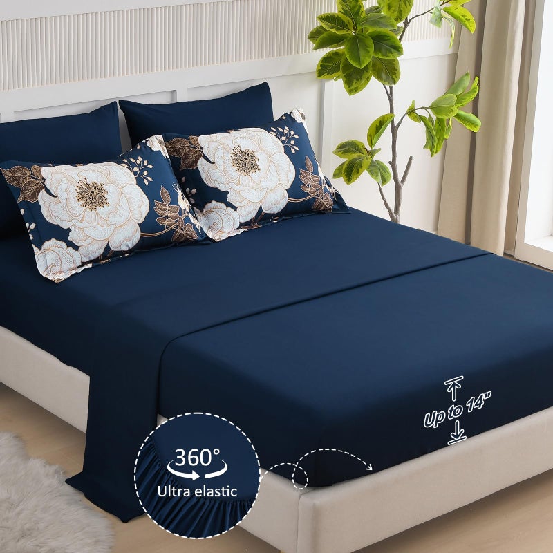 Luxudecor Floral Queen Comforter Set 7 Pieces Bed in a Bag, White Flower Print on Navy Blue Bedding Set, Soft Reversible Comforter with Sheet Set 90"x90" - Image 4