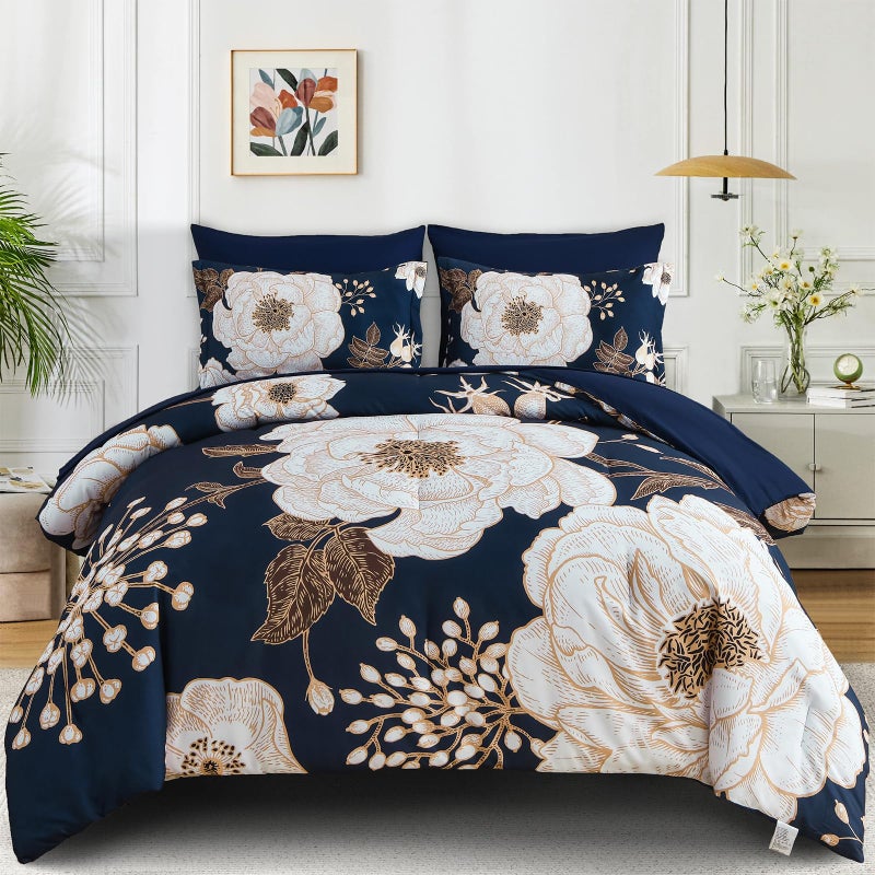 Luxudecor Floral Queen Comforter Set 7 Pieces Bed in a Bag, White Flower Print on Navy Blue Bedding Set, Soft Reversible Comforter with Sheet Set 90"x90" - Image 1