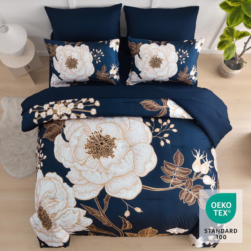 Luxudecor Floral Queen Comforter Set 7 Pieces Bed in a Bag, White Flower Print on Navy Blue Bedding Set, Soft Reversible Comforter with Sheet Set 90"x90" - Image 3