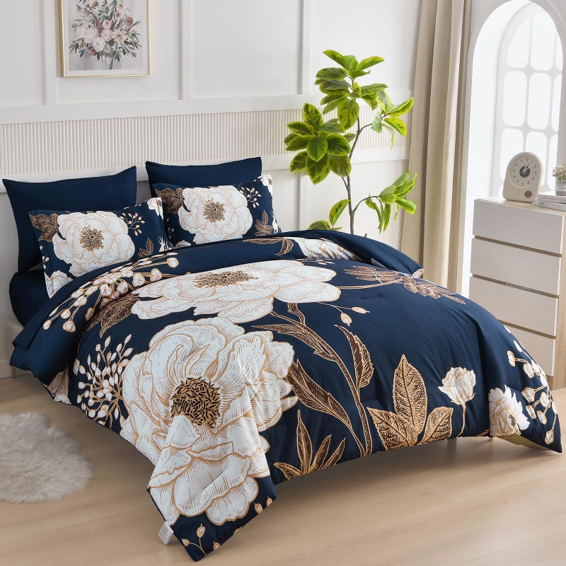 Luxudecor Floral Queen Comforter Set 7 Pieces Bed in a Bag, White Flower Print on Navy Blue Bedding Set, Soft Reversible Comforter with Sheet Set 90"x90" - Image 2