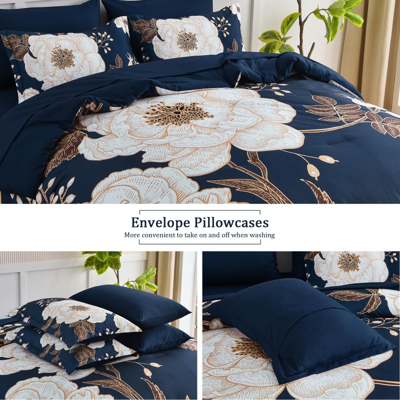 Luxudecor Floral Queen Comforter Set 7 Pieces Bed in a Bag, White Flower Print on Navy Blue Bedding Set, Soft Reversible Comforter with Sheet Set 90"x90" - Image 5