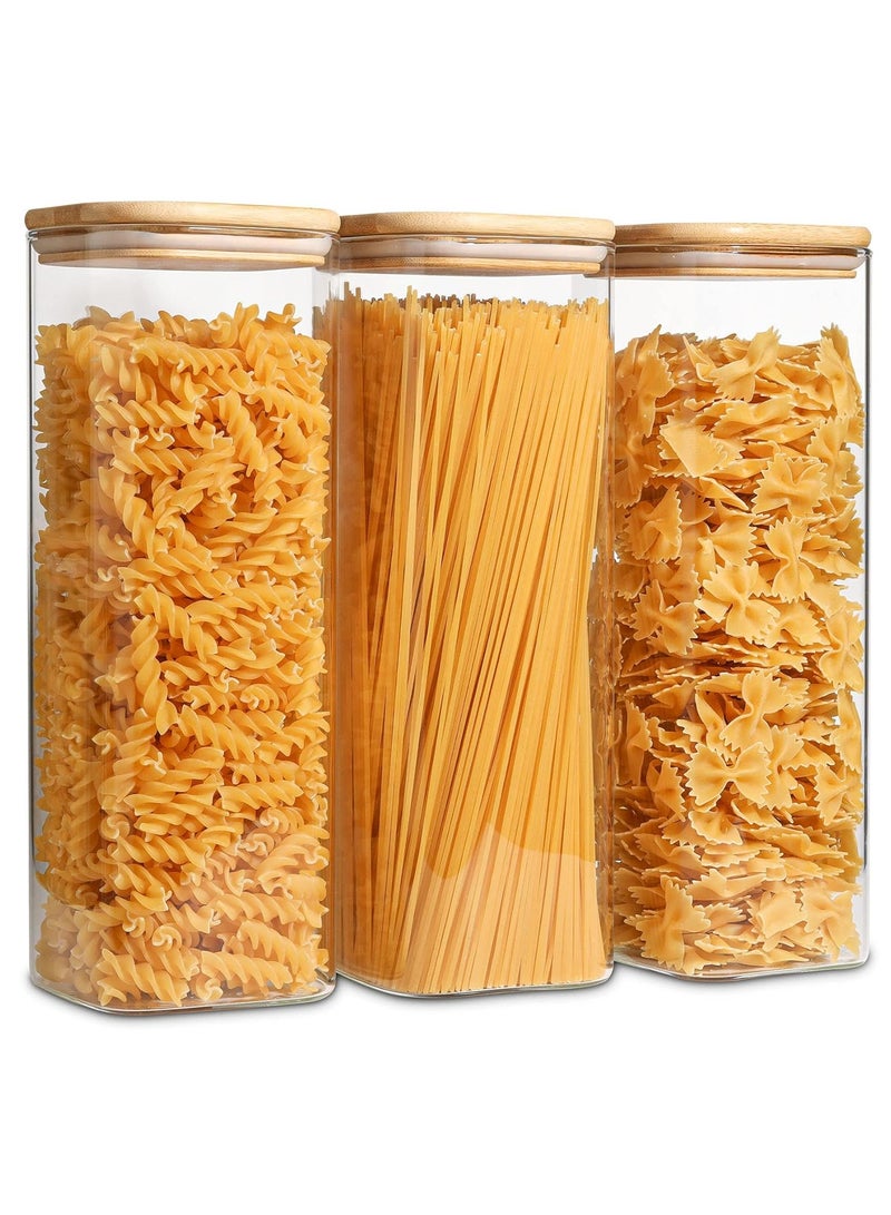 Beauenty Glass Spaghetti Pasta Storage Containers with Lids 71oz Set of 3, Tall Clear Airtight Food Storage Jar with Bamboo Lid for Noodles Flour Cereal Sugar Beans, Sqaure Spaghetti Pantry Container - Image 1