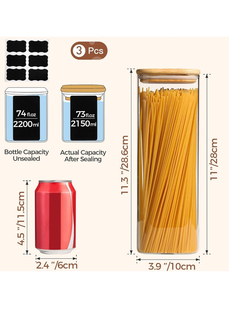 Beauenty Glass Spaghetti Pasta Storage Containers with Lids 71oz Set of 3, Tall Clear Airtight Food Storage Jar with Bamboo Lid for Noodles Flour Cereal Sugar Beans, Sqaure Spaghetti Pantry Container - Image 5