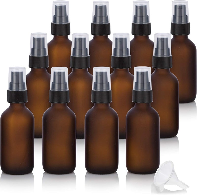 JUVITUS 2 oz / 60 ml Frosted Amber Glass Boston Round Bottle with Black Treatment Pump (12 Pack) BPA Free Refillable Empty Storage Containers