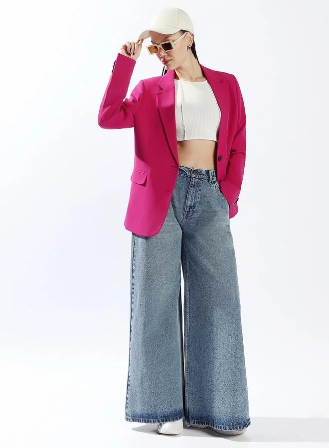 Hubberholme Women's Pink 100% Polyester Solid Pattern Button Down Oversized Blazer