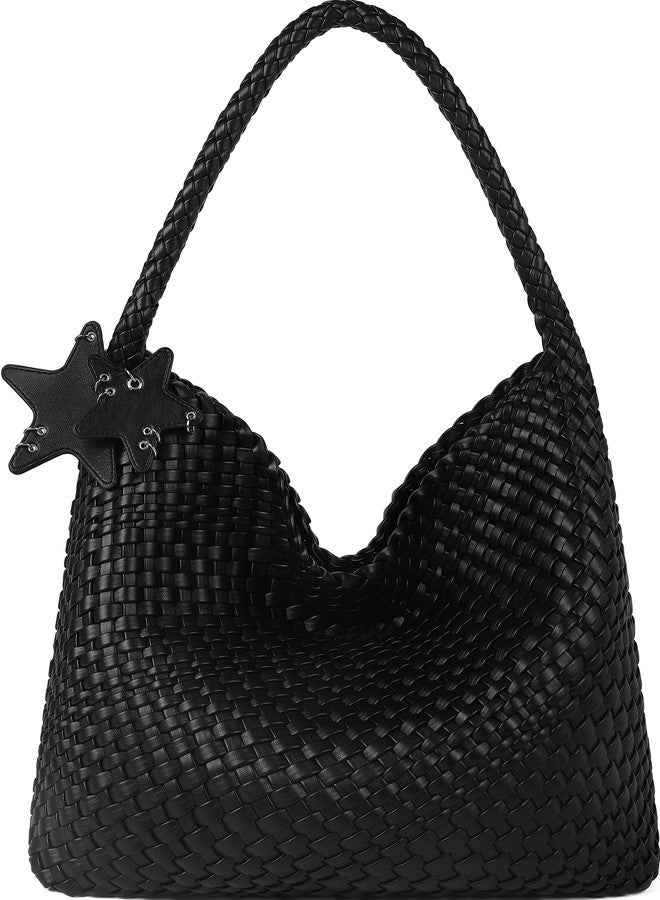 Queenoris Fashion Woven Purse for Women Top-handle Shoulder Bag Soft Summer Hobo Tote Bag, Black, Medium - Image 1