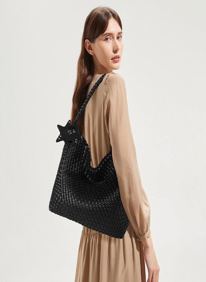 Queenoris Fashion Woven Purse for Women Top-handle Shoulder Bag Soft Summer Hobo Tote Bag, Black, Medium - Image 2