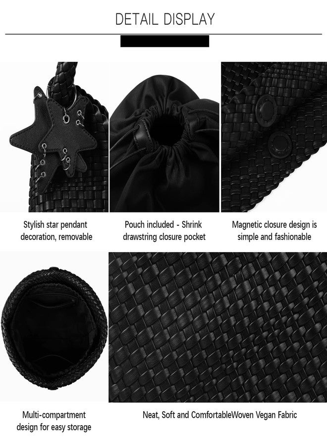 Queenoris Fashion Woven Purse for Women Top-handle Shoulder Bag Soft Summer Hobo Tote Bag, Black, Medium - Image 5