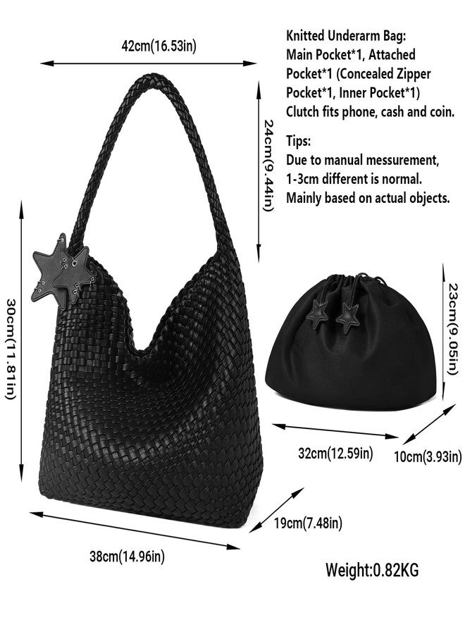 Queenoris Fashion Woven Purse for Women Top-handle Shoulder Bag Soft Summer Hobo Tote Bag, Black, Medium - Image 3