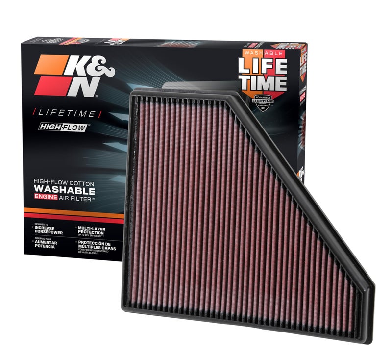 K+N K&N High-Flow Original Lifetime Engine Air Filter: Increase Power: Premium, Washable: Compatible with 2013-2024 Cadillac/Chevrolet: ATS, CTS, Camaro, 33-2496 - Image 1