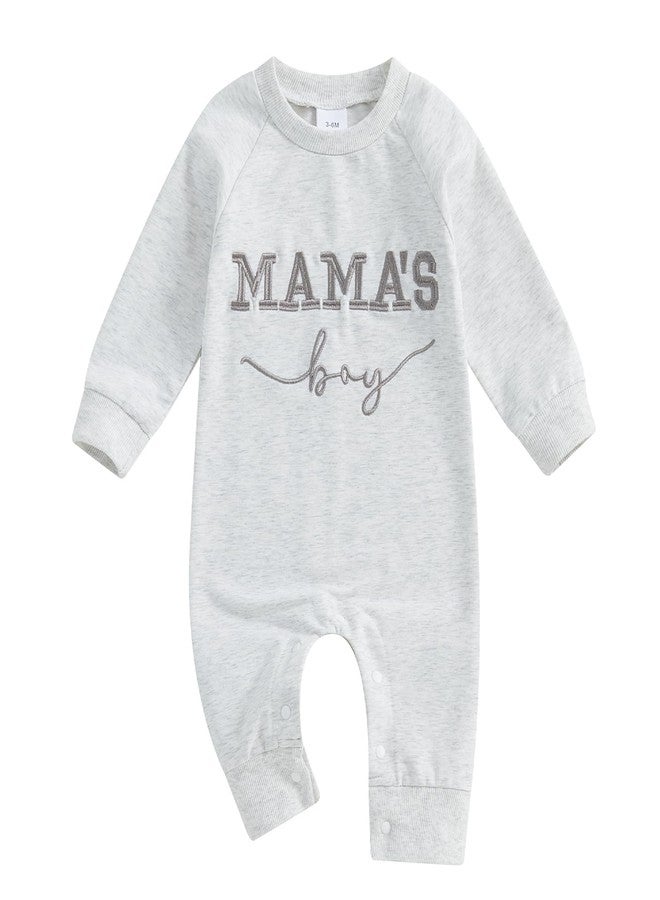 FOCUSNORM Newborn Baby Boy Fall Outfit Mamas Boy Embroidery Jumpsuit Long Sleeve Crewneck Romper Infant Boy Winter Clothes (Mamas Boy Gray, 0-3 Months) - Image 1