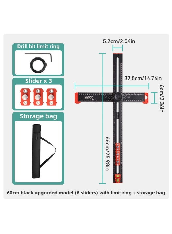 Woodworking Multifunctional Two-in-one Punch Positioning Ruler Measuring Angle Ruler T-square Ruler T-square Slider Combination Angle Ruler-Model:60cm Black Upgrade (6 Slider) With Limit Ring Storage Bag - Image 1