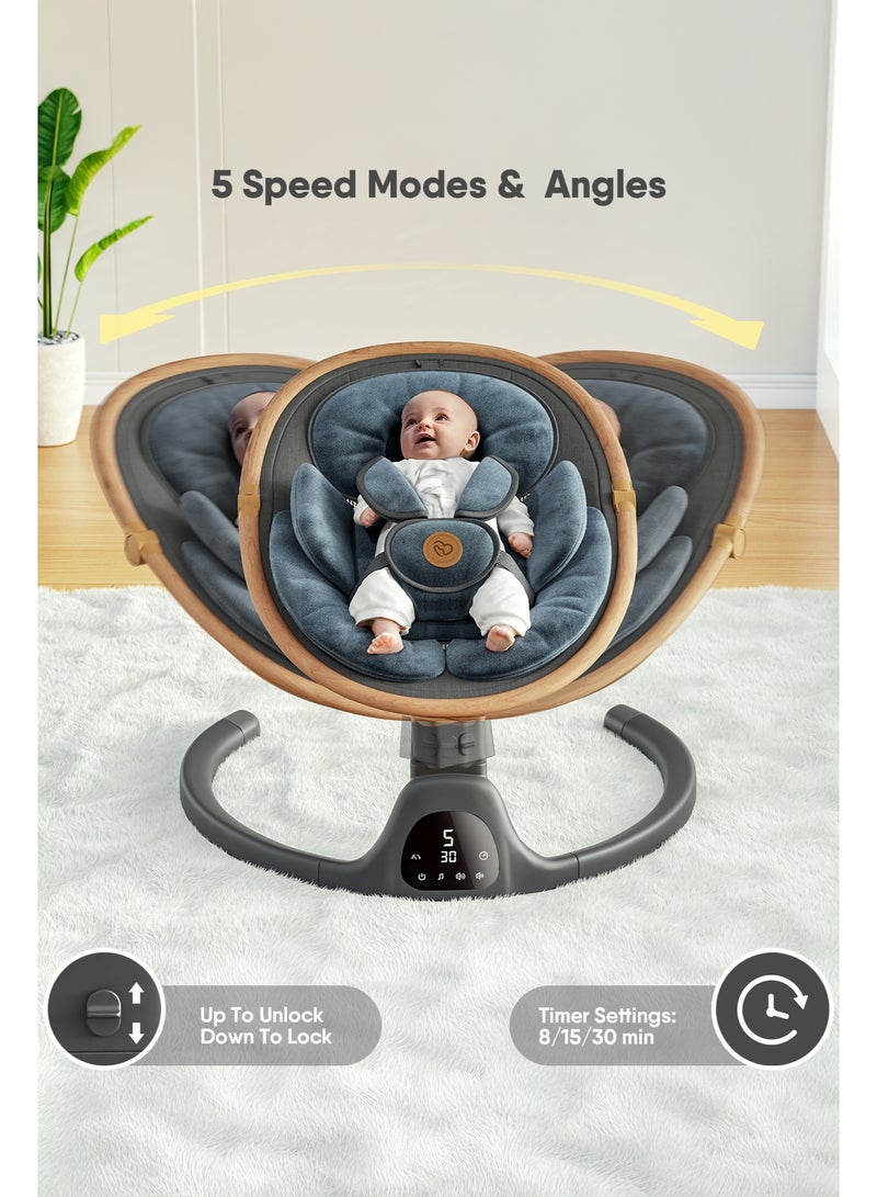 بيبيومي كرسي هزاز للرضع مع بلوتوث ومكبر صوت، 3 وضعيات جلوس و5 سرعات مع جهاز تحكم عن بعد – أرجوحة أطفال محمولة للاستخدام داخل وخارج المنزل - Image 2