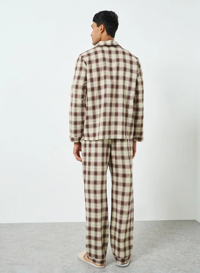 Styli  Men Brown Checkered Shirt and Pyjama Set for Men | Best Price UAE