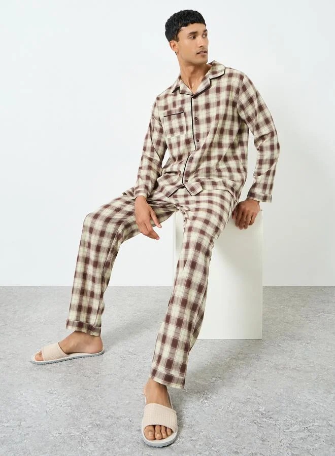 Men Brown Checkered Shirt and Pyjama Set