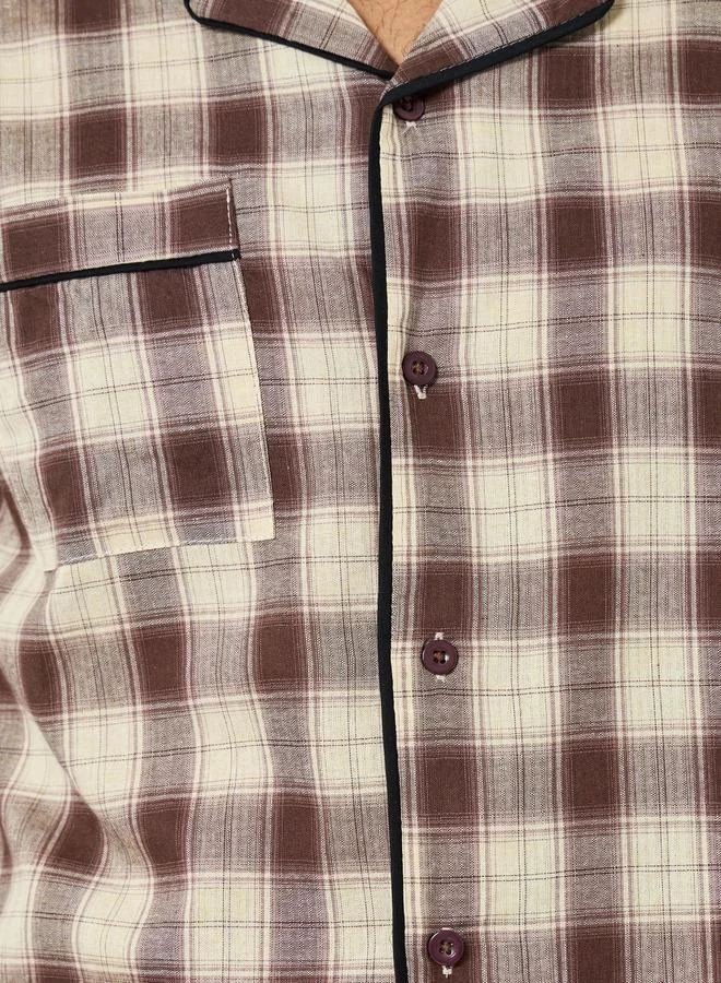 Styli  Men Brown Checkered Shirt and Pyjama Set for Men | Best Price UAE