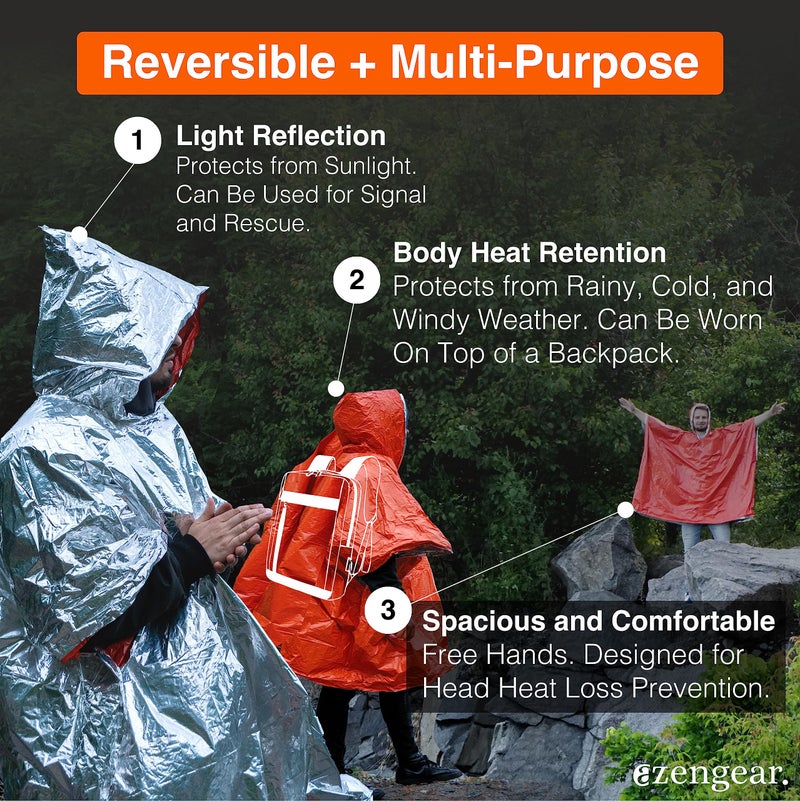 aZengear Emergency Survival Poncho (4pc) Thermal Mylar Foil Blanket for Heat Retention and Rain | Reversible with Hood | Waterproof, Windproof, Portable, Hands-Free, Outdoor Kit (Orange) - Image 3