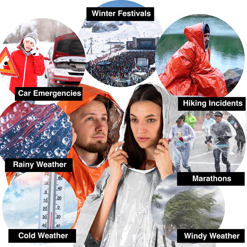 aZengear Emergency Survival Poncho (4pc) Thermal Mylar Foil Blanket for Heat Retention and Rain | Reversible with Hood | Waterproof, Windproof, Portable, Hands-Free, Outdoor Kit (Orange) - Image 5