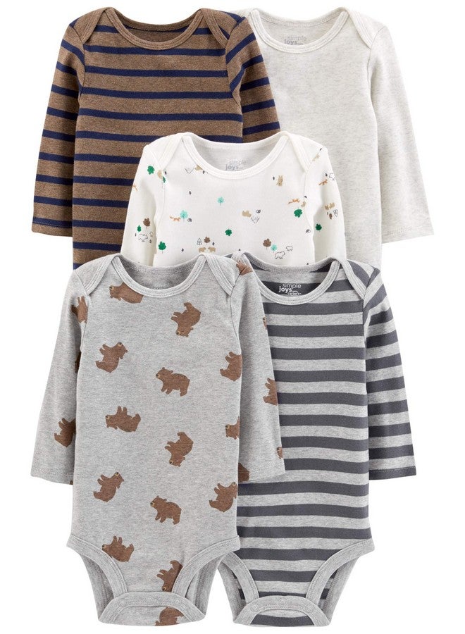 Simple Joys by Carter's Simple Joys by Carter's Baby Boy's 5-Pack Long-Sleeve Bodysuit Shirt, bears/animals green/stripes, 3-6 Months - Image 1