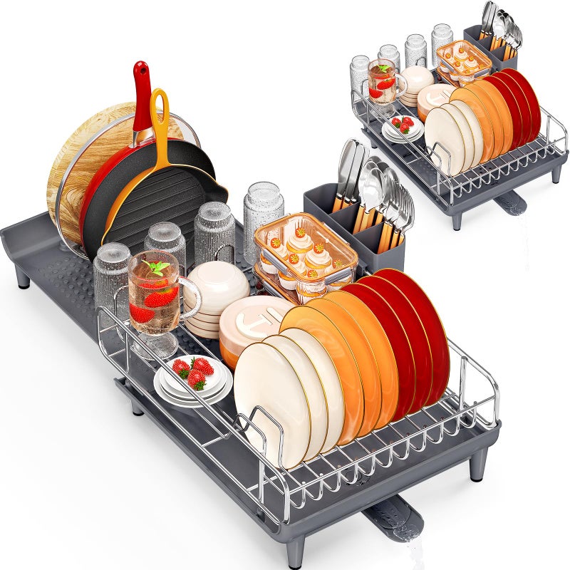 TOOLF Expandable Dish Rack, Dish Drying Rack for Kitchen Counter, Foldable Dish Dryer Rack, Stainless Steel Dish Drainer Racks with Cutlery Holder, Collapsible Dish Drying Racks Large Size,Gray - Image 1