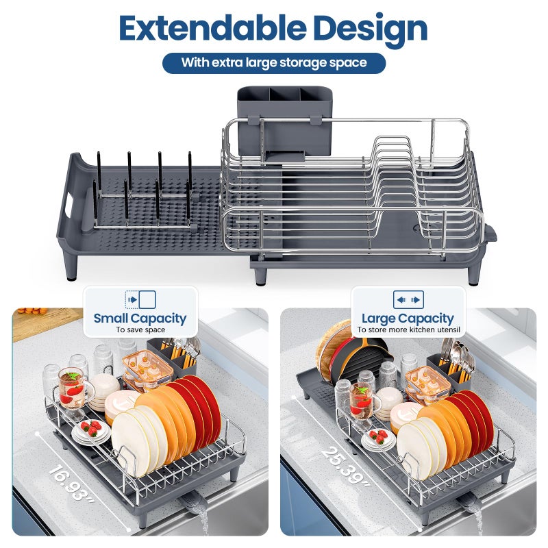 TOOLF Expandable Dish Rack, Dish Drying Rack for Kitchen Counter, Foldable Dish Dryer Rack, Stainless Steel Dish Drainer Racks with Cutlery Holder, Collapsible Dish Drying Racks Large Size,Gray - Image 3