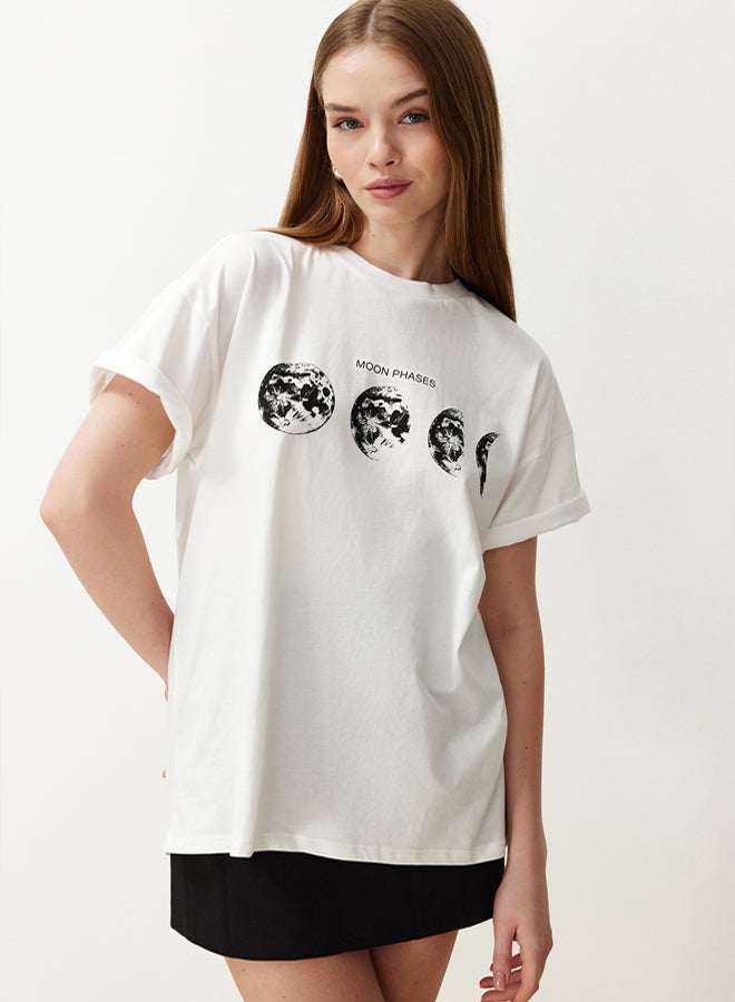trendyol Ecru 100% Cotton Printed Boyfriend Fit Crew Neck Knitted T-Shirt  - Image 3