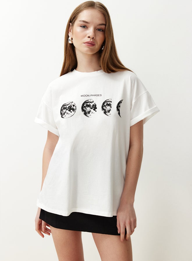 trendyol Ecru 100% Cotton Printed Boyfriend Fit Crew Neck Knitted T-Shirt  - Image 1
