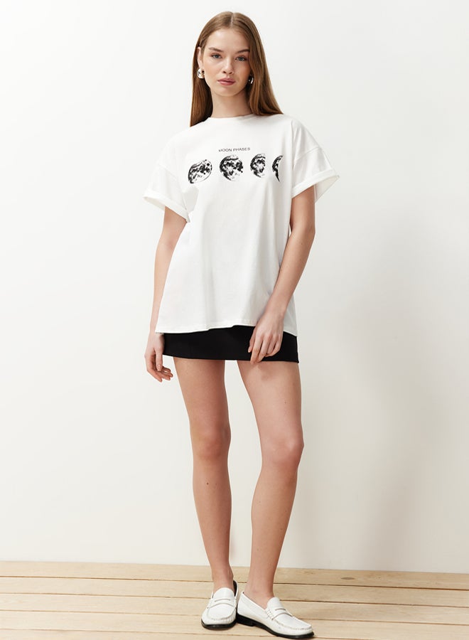 trendyol Ecru 100% Cotton Printed Boyfriend Fit Crew Neck Knitted T-Shirt  - Image 2