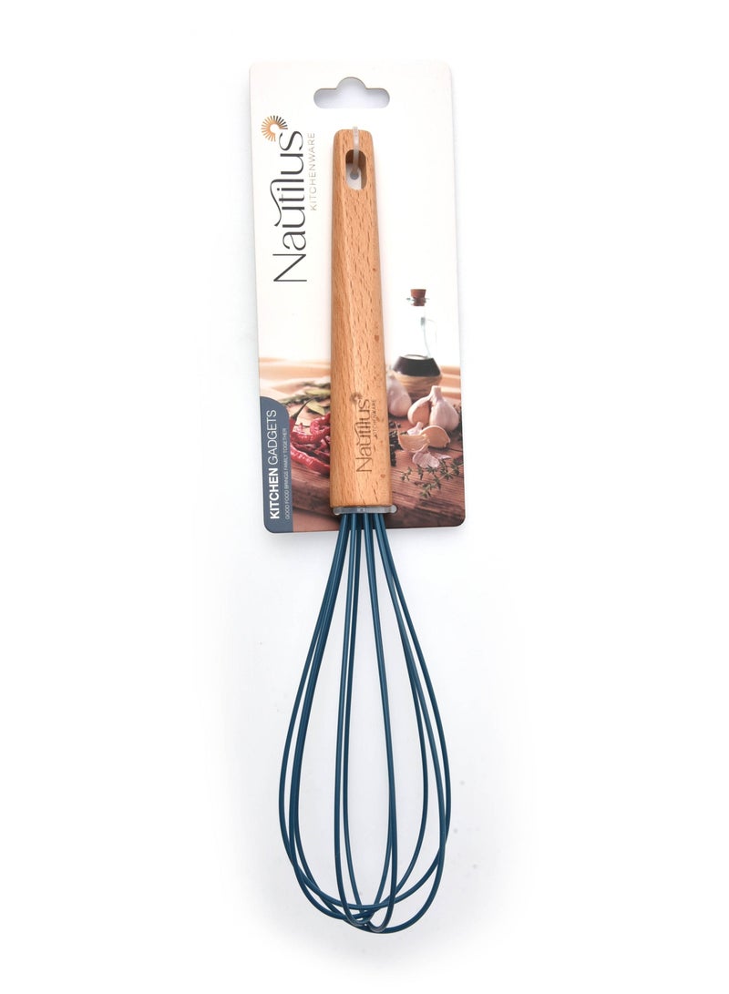 nautilus Beech Wood Handle Silicone Whisk Blue/Brown Color 30.2X6.5X6.5 Cm - Image 3