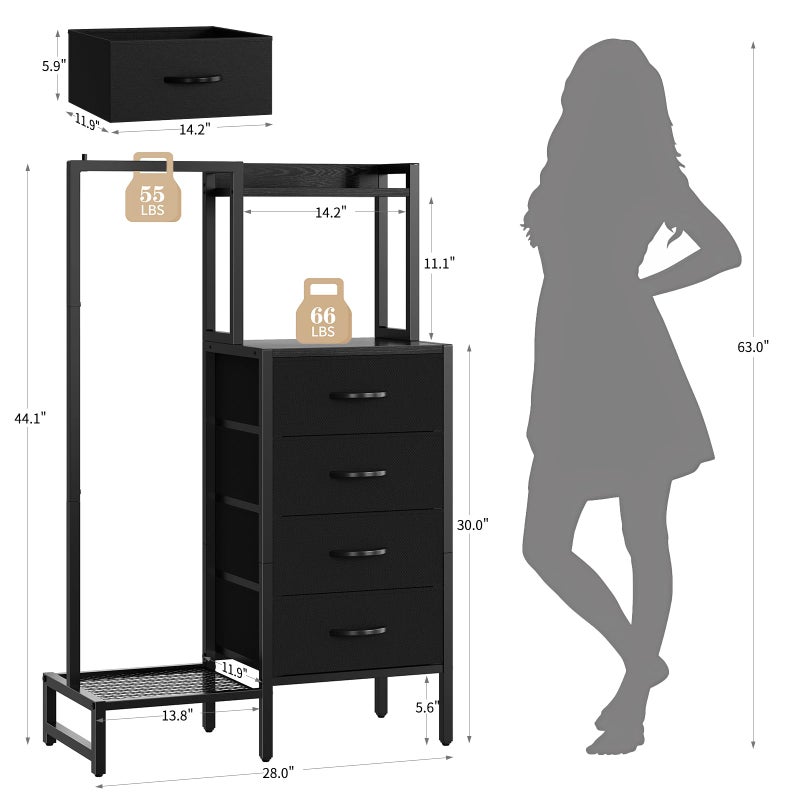 Yoobure Black Dresser with Hanging Rack - Small Closet with 4 Fabric Storage Drawers, 44" H Dresser with Clothes Rack, Chest of Drawer, Kids Dressers for Bedroom, Entryway, Living Room, Sturdy Frame - Image 2