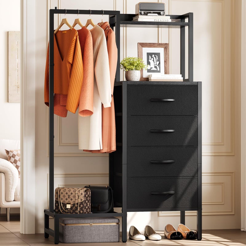 Yoobure Black Dresser with Hanging Rack - Small Closet with 4 Fabric Storage Drawers, 44" H Dresser with Clothes Rack, Chest of Drawer, Kids Dressers for Bedroom, Entryway, Living Room, Sturdy Frame - Image 1