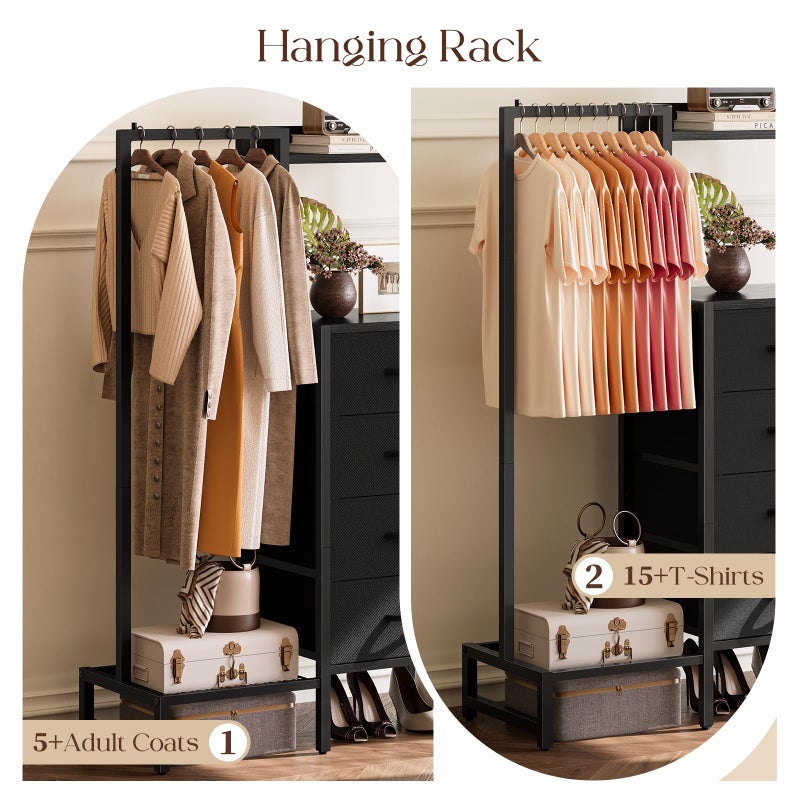 Yoobure Black Dresser with Hanging Rack - Small Closet with 4 Fabric Storage Drawers, 44" H Dresser with Clothes Rack, Chest of Drawer, Kids Dressers for Bedroom, Entryway, Living Room, Sturdy Frame - Image 3