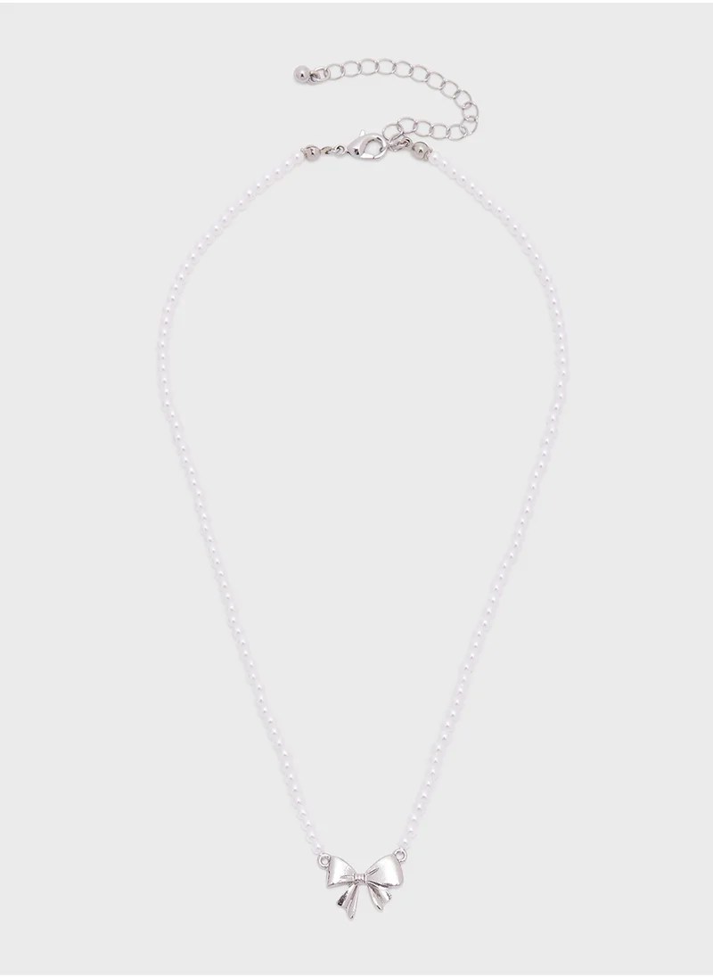 Ginger Bow Pearl Necklace & Stud Earring Set