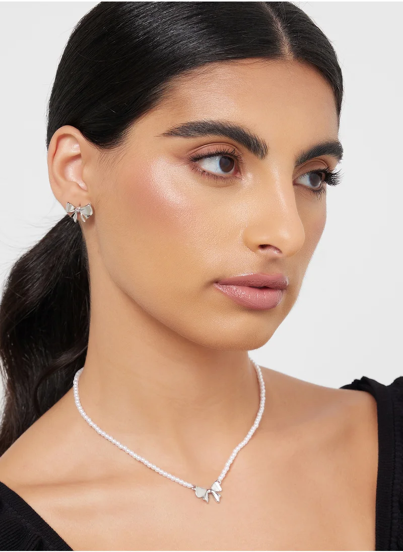 Ginger Bow Pearl Necklace & Stud Earring Set