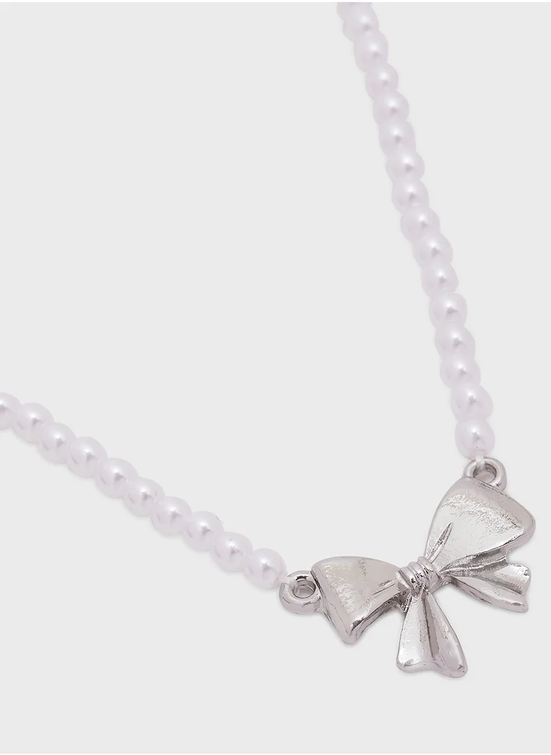 Ginger Bow Pearl Necklace & Stud Earring Set