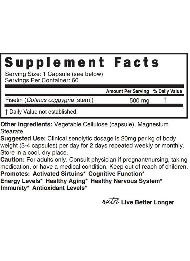 Nutri Fisetin 500mg 60 Count - Clinical Dosage - Fisetin Supplements - Powerful Senolytic Activator, Antioxidant, & Brain Support - Natural Polyphenols - 60 Count Fisetin Supplement