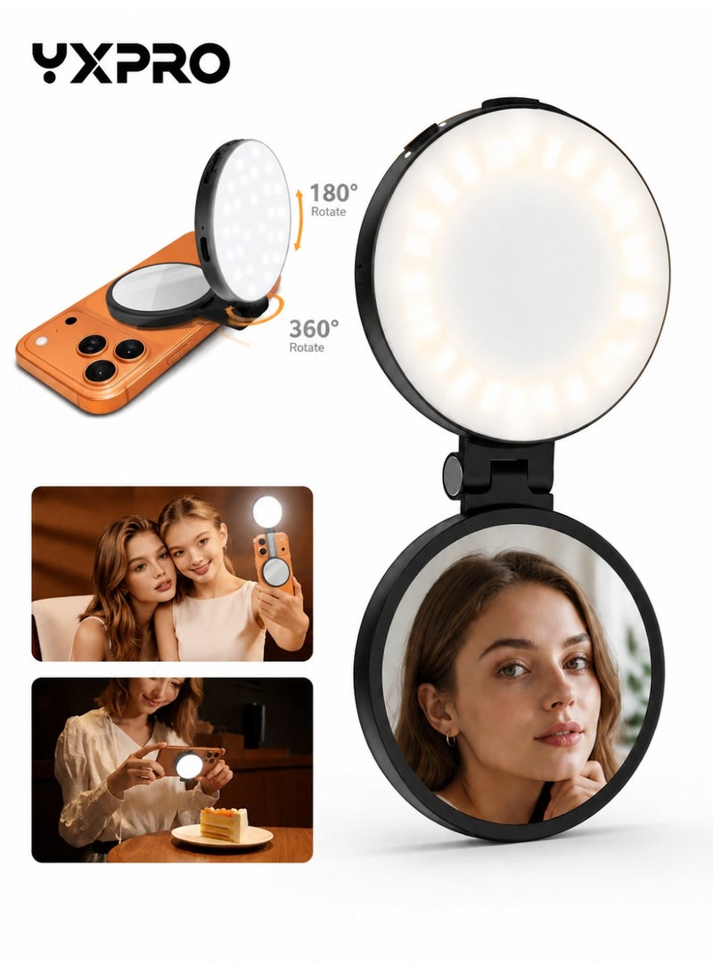 واي إكس برو مصباح سيلفي مغناطيسي للهاتف مع مرآة، ضوء هاتف LED قابل لإعادة الشحن Type-C، 48 مصباح LED مع 3 أوضاع إضاءة وتعتيم قابل للتعديل، دوران 360° وقلب 180° للسيلفي والمكياج ومكالمات الفيديو والتدوين المرئي وتيك توك - Image 1