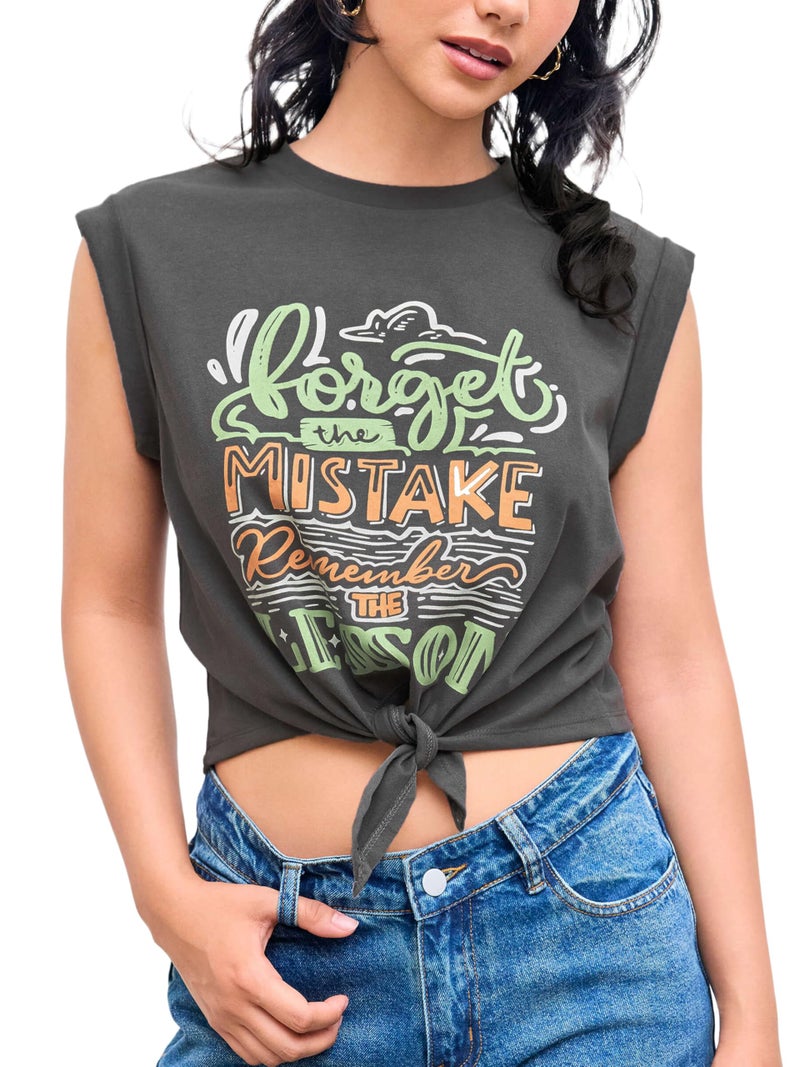 CIDER Womens Cap Sleeve Graphic Tank Crop Tops Crew Neck Twist Knot Front Tee T Shirts Carbon - Image 1