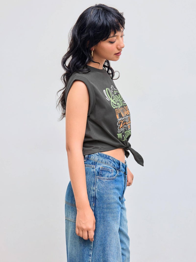 CIDER Womens Cap Sleeve Graphic Tank Crop Tops Crew Neck Twist Knot Front Tee T Shirts Carbon - Image 3