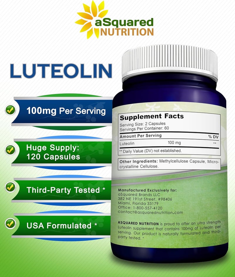 aSquared Nutrition Luteolin 100mg  120 Capsules  Luteolin Supplement  Powder Complex Pills Commonly Taken with Quercetin  Supports Brain  Memory Health - Image 4