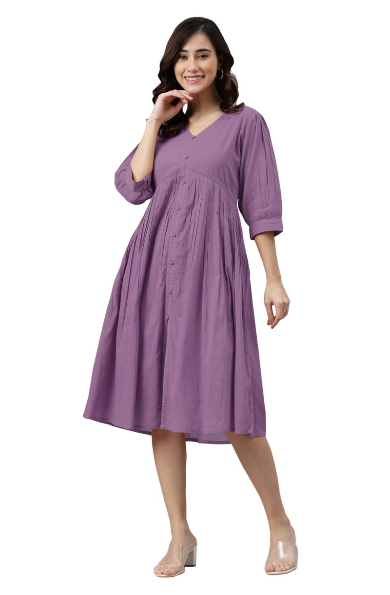 Janasya Women's Lavender Pure Cotton Solid Gathered Dress (JAC24DR01402-3XL) - Image 1