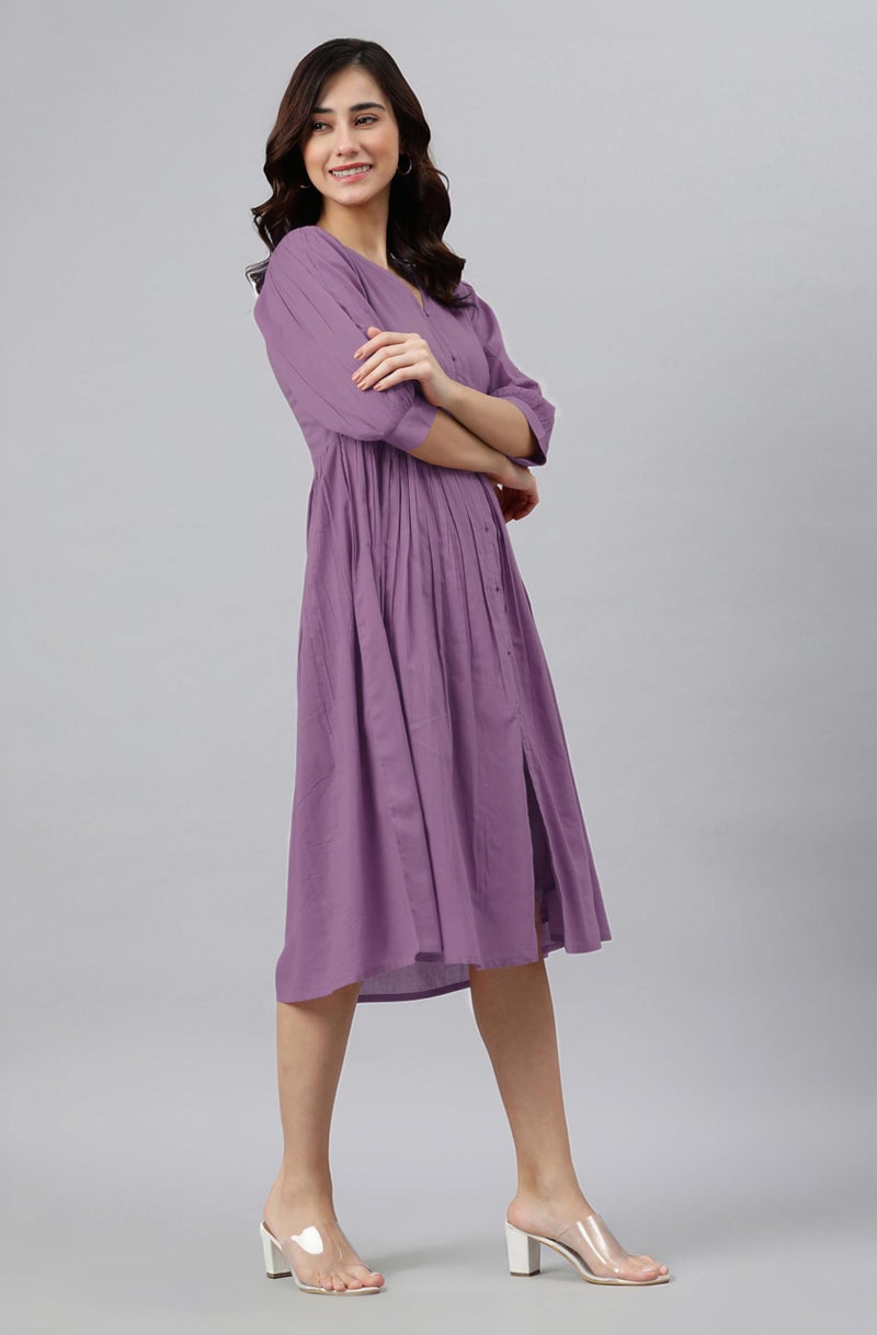 Janasya Women's Lavender Pure Cotton Solid Gathered Dress (JAC24DR01402-3XL) - Image 2