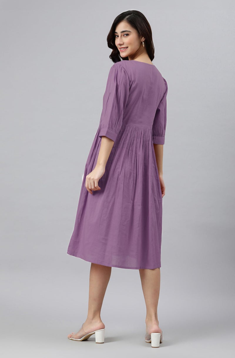 Janasya Women's Lavender Pure Cotton Solid Gathered Dress (JAC24DR01402-3XL) - Image 4