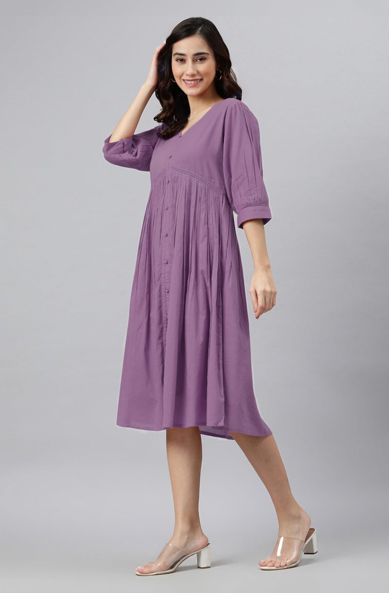 Janasya Women's Lavender Pure Cotton Solid Gathered Dress (JAC24DR01402-3XL) - Image 3