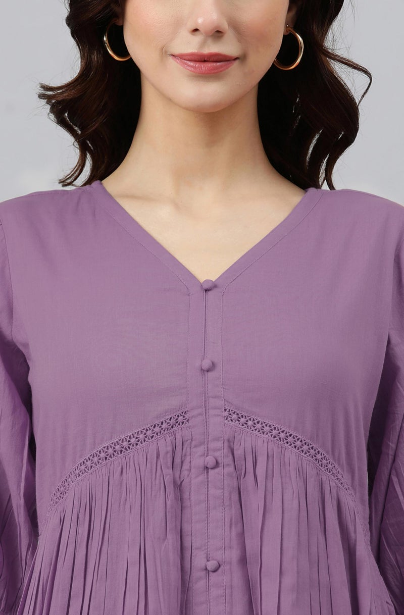 Janasya Women's Lavender Pure Cotton Solid Gathered Dress (JAC24DR01402-3XL) - Image 5