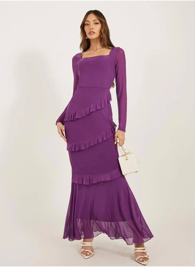 ستايلي Ruffle Detail Mesh Sleeves Mermaid Maxi Dress