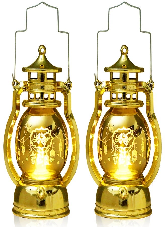 ABTOLS 2 Pieces Ramadan Lantern Lights，Hanging Lamp Eid Mubarak Flameless Candle Lanterns Mini Moon Star Ramadan Hanging Candle Lantern Gold Islamic Muslim Light Lantern for Home Tabletop Decor - Image 1