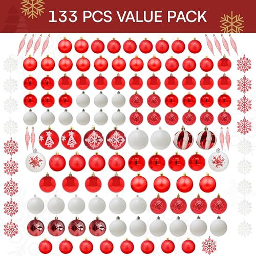 Joiedomi 133 Pcs Red & White Assorted Christmas Ornaments, Shatterproof Christmas Balls Ornaments, Xmas Hanging Decor for Tree Wreath Garland Holidays Indoor/Outdoor Party and Events - Image 2